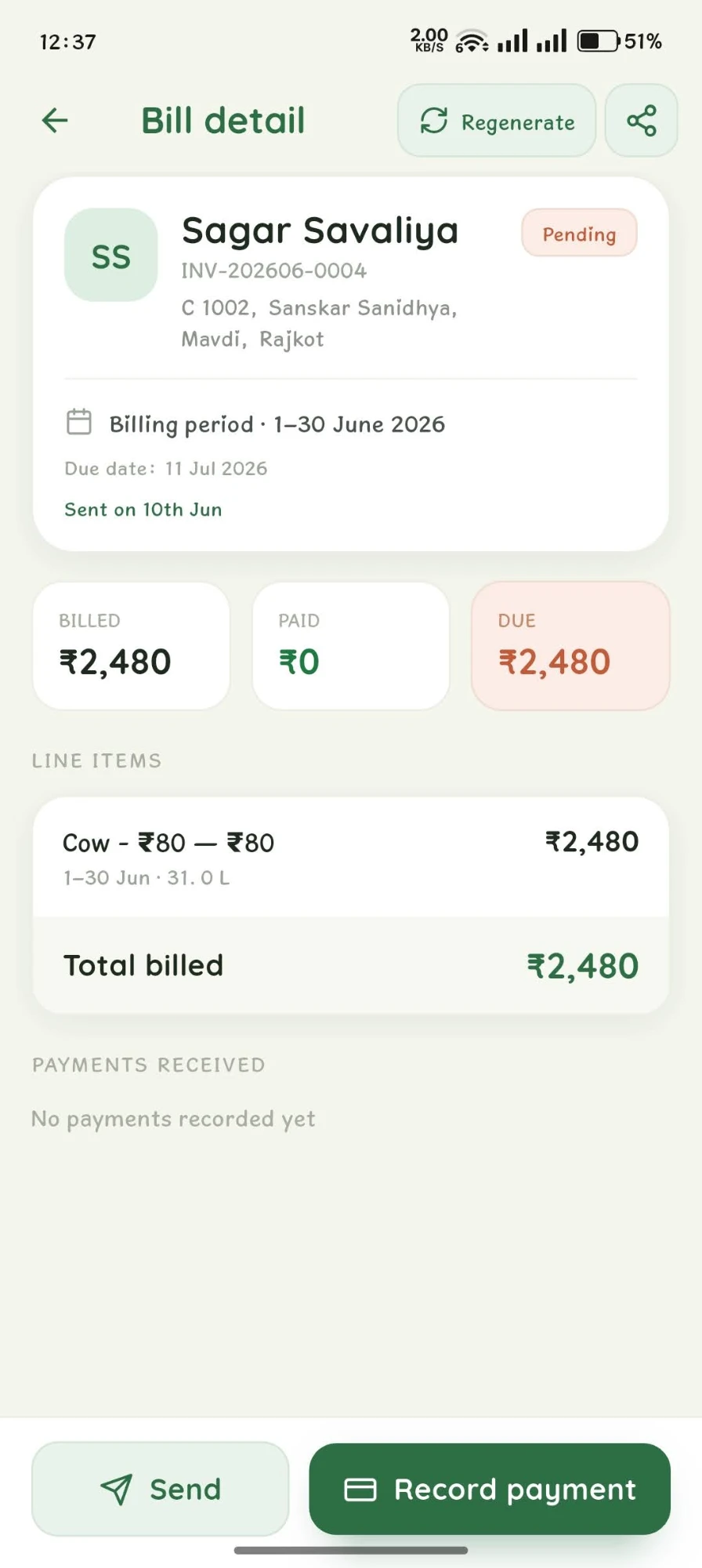 Owner app bill detail for INV-202606-0004 showing ₹2480 pending with Send and Record Payment actions