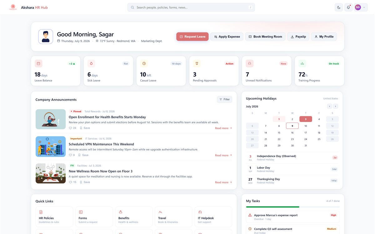 Akshara HR Hub — modern SharePoint HR intranet with leave, directory and training