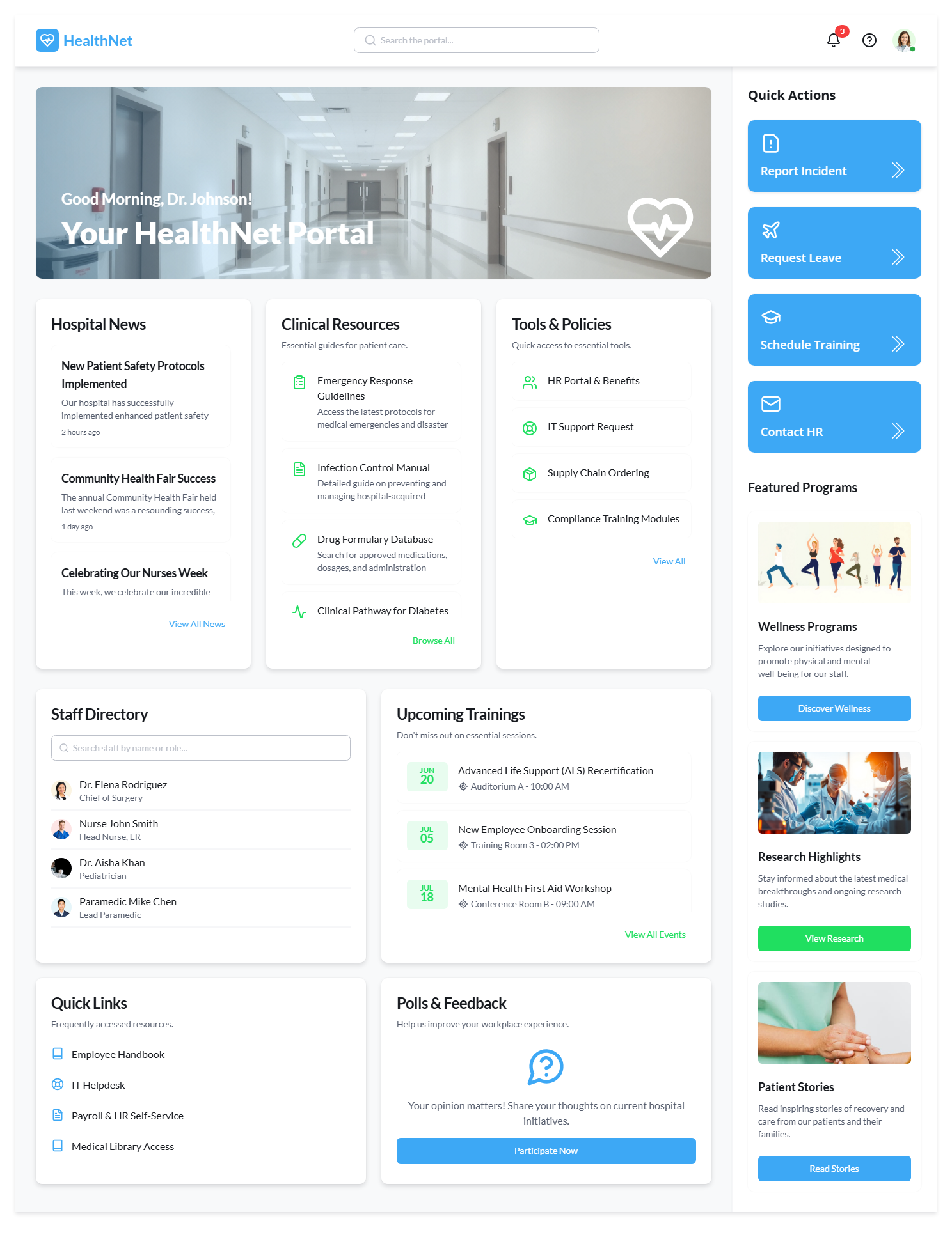HealthHub healthcare intranet analytics dashboard
