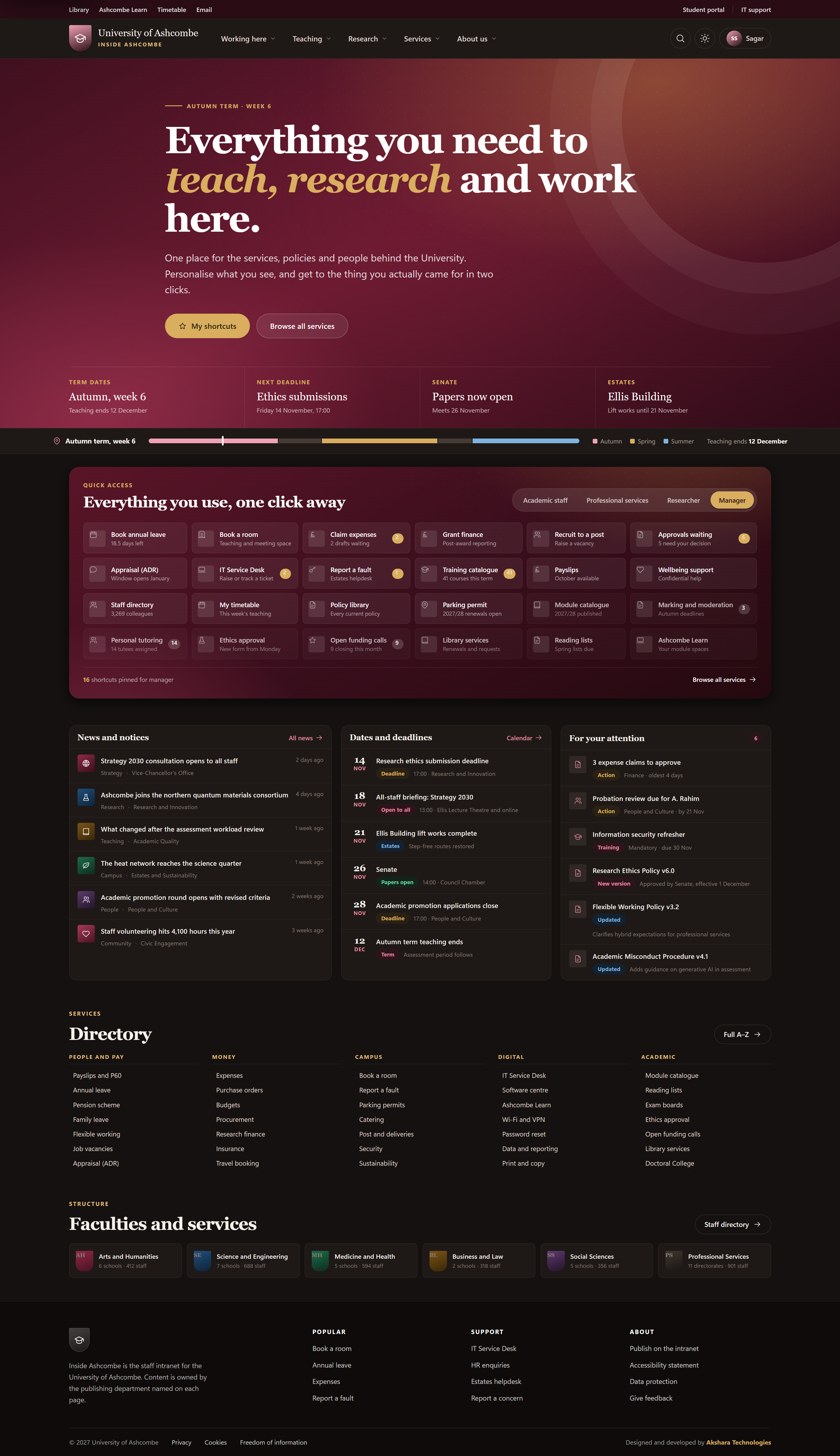 Inside Ashcombe — University of Ashcombe role-based staff intranet on SharePoint Online
